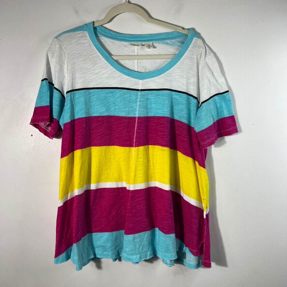 Westbound Striped Lagenlook Tee Shirt Shrot Sleeve 1X Pink White Green Raw Hem